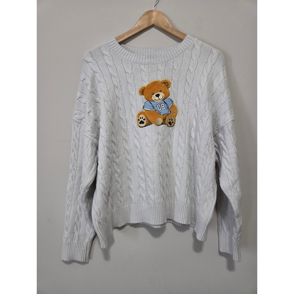 Orange Kiss Essentials Teddy Bear Cable Knit Sweater Gray XL Preppy Crew Neck